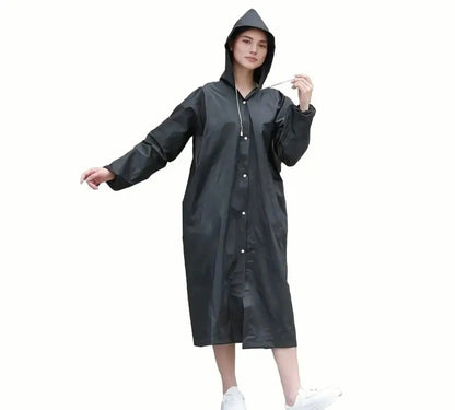 Waterproof Long Raincoat with Hood – Unisex Full-Length Rain Jacket, Lightweight Outdoor Rainwear, Black Trench Style Poncho 59” Our3Designs