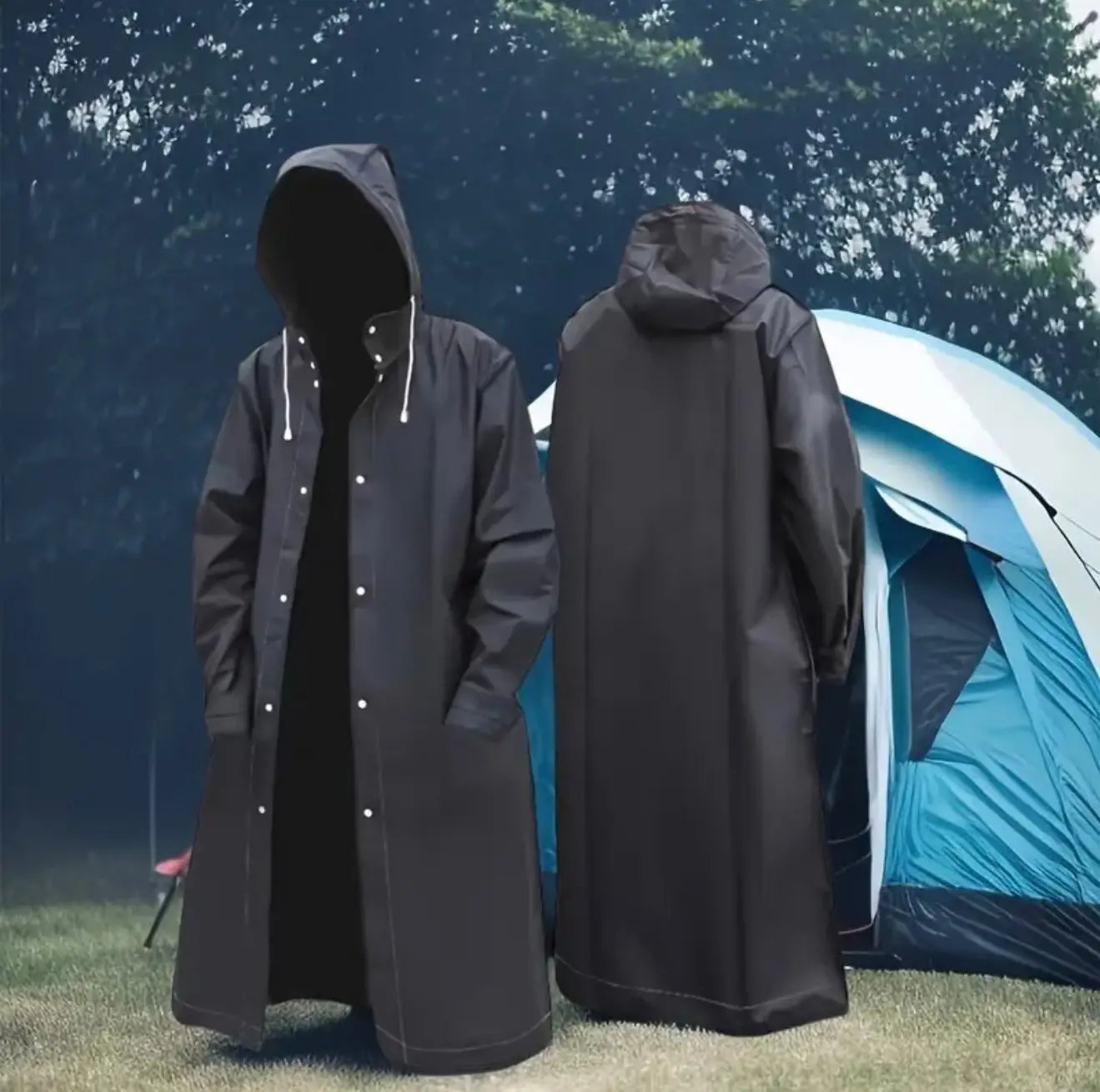 Waterproof Long Raincoat with Hood – Unisex Full-Length Rain Jacket, Lightweight Outdoor Rainwear, Black Trench Style Poncho 59” Our3Designs