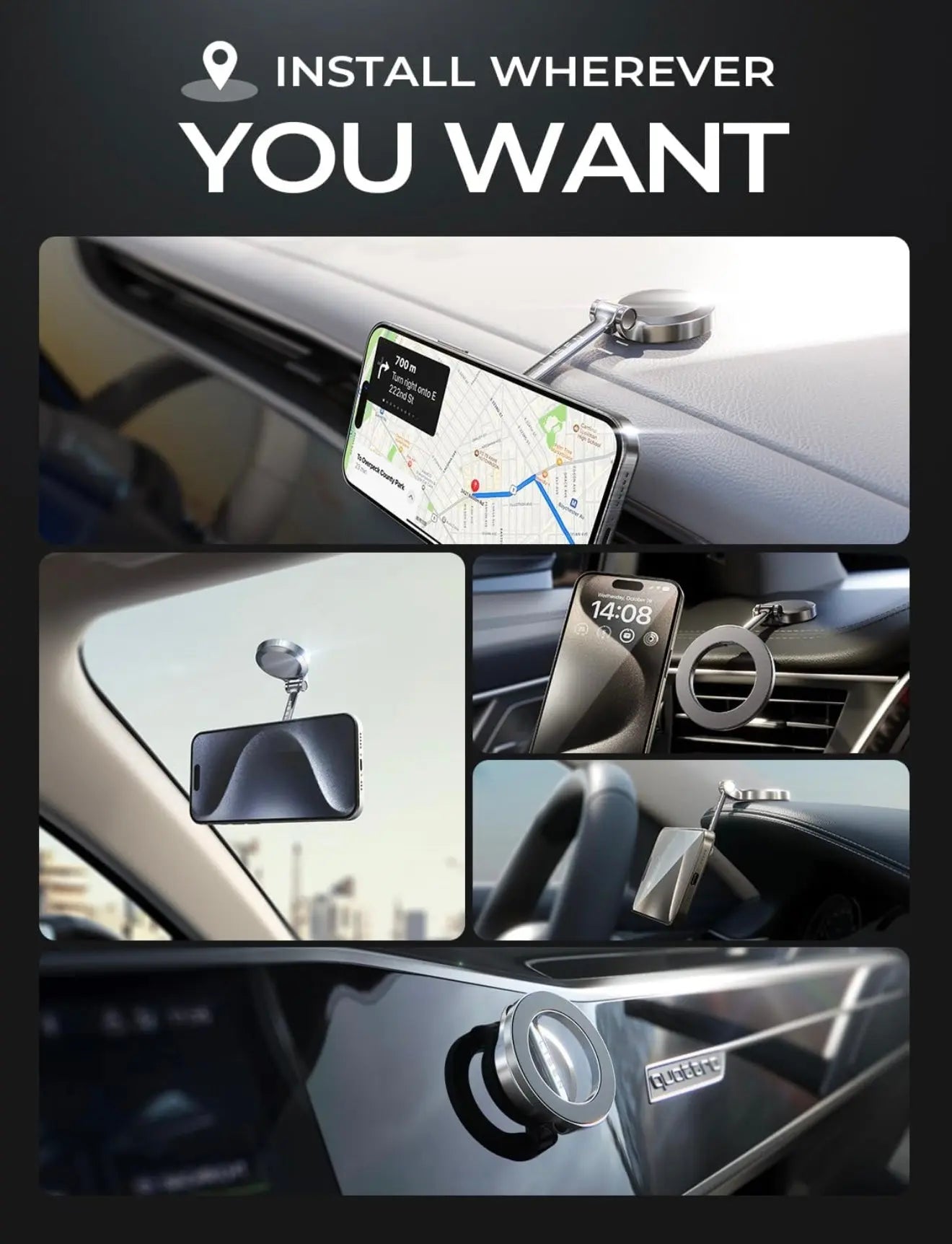 Magnetic Car Phone Holder 360° Rotation – Titanium Alloy, Dashboard Mount, Universal Fit Our3Designs