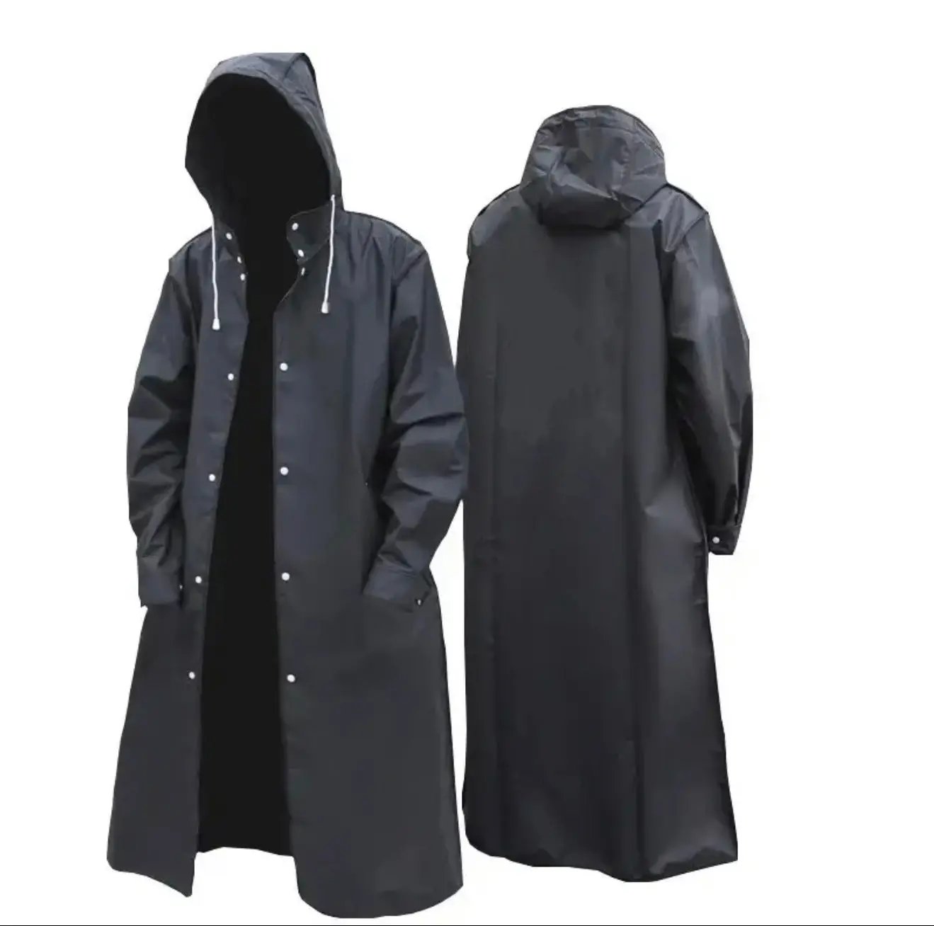 Waterproof Long Raincoat with Hood – Unisex Full-Length Rain Jacket, Lightweight Outdoor Rainwear, Black Trench Style Poncho 59” Our3Designs
