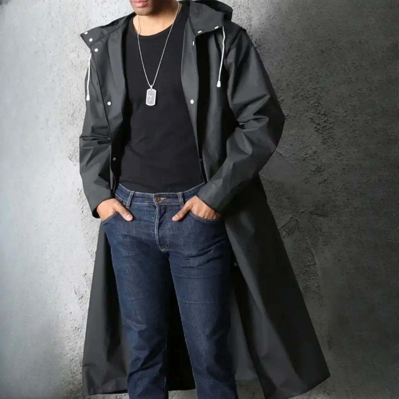 Waterproof Long Raincoat with Hood – Unisex Full-Length Rain Jacket, Lightweight Outdoor Rainwear, Black Trench Style Poncho 59” Our3Designs