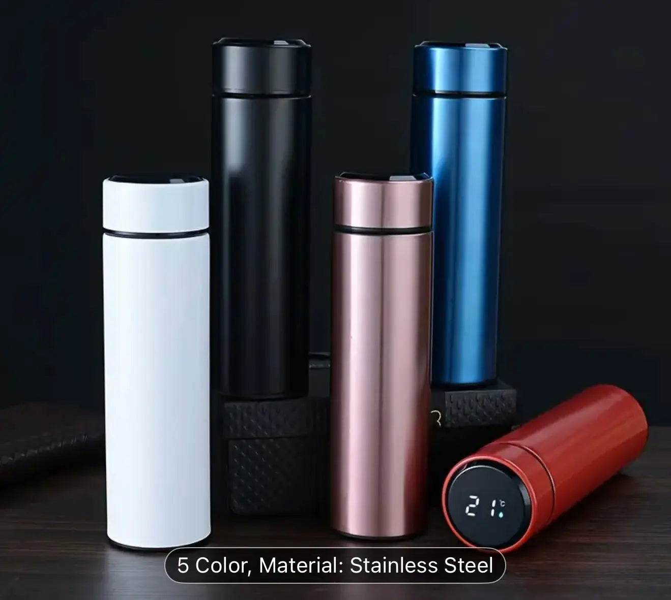 Insulated Smart Bottle w/ Touch Temp Display – Stainless Steel, 5 Colors Our3Designs