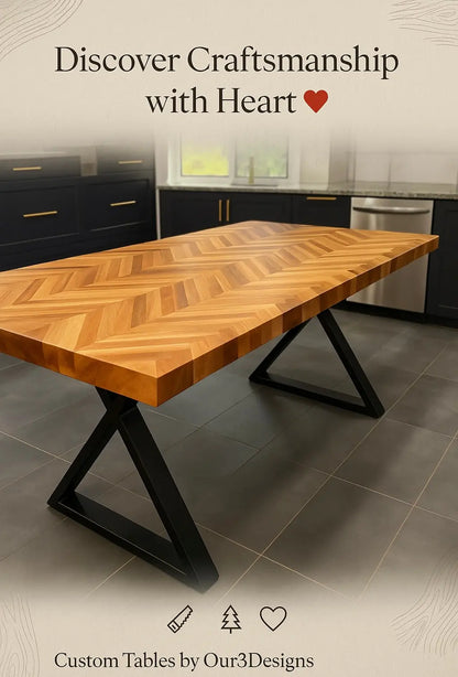 72x39” Handmade Wood Dining Table – Chevron Top, Black Steel Base, Modern Design - Our3Designs