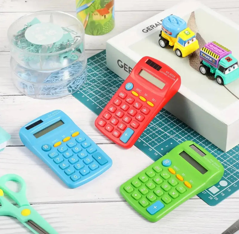 Mini Pocket Calculator for Kids – Ergonomic Arc Design, Solar Powered, Colorful, Lightweight Our3Designs