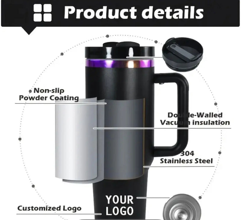 40oz Insulated Tumbler Mug with Handle & Straw – Stainless Steel, Custom Logo, Hot 12h/Cold 24h