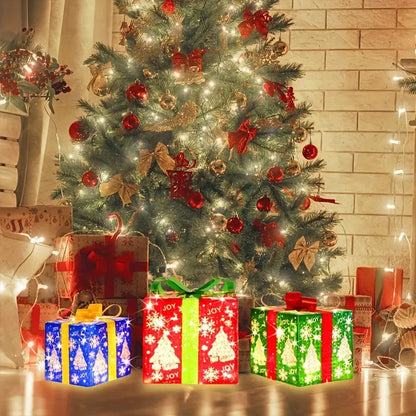 3 Christmas lighted gift boxes in red, green and blue color Our3Designs