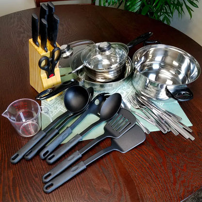 Gibson All U Need Stainless Steel Total Kitchen Combo Set - 32 Pieces - Black Cookware