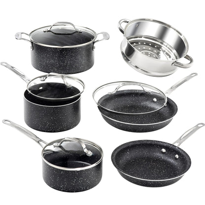 10-Piece Nonstick Cookware Set in Black - Includes Frying Skillet, Sauce Pan, and Stock Pot