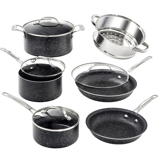 10-Piece Nonstick Cookware Set in Black - Includes Frying Skillet, Sauce Pan, and Stock Pot