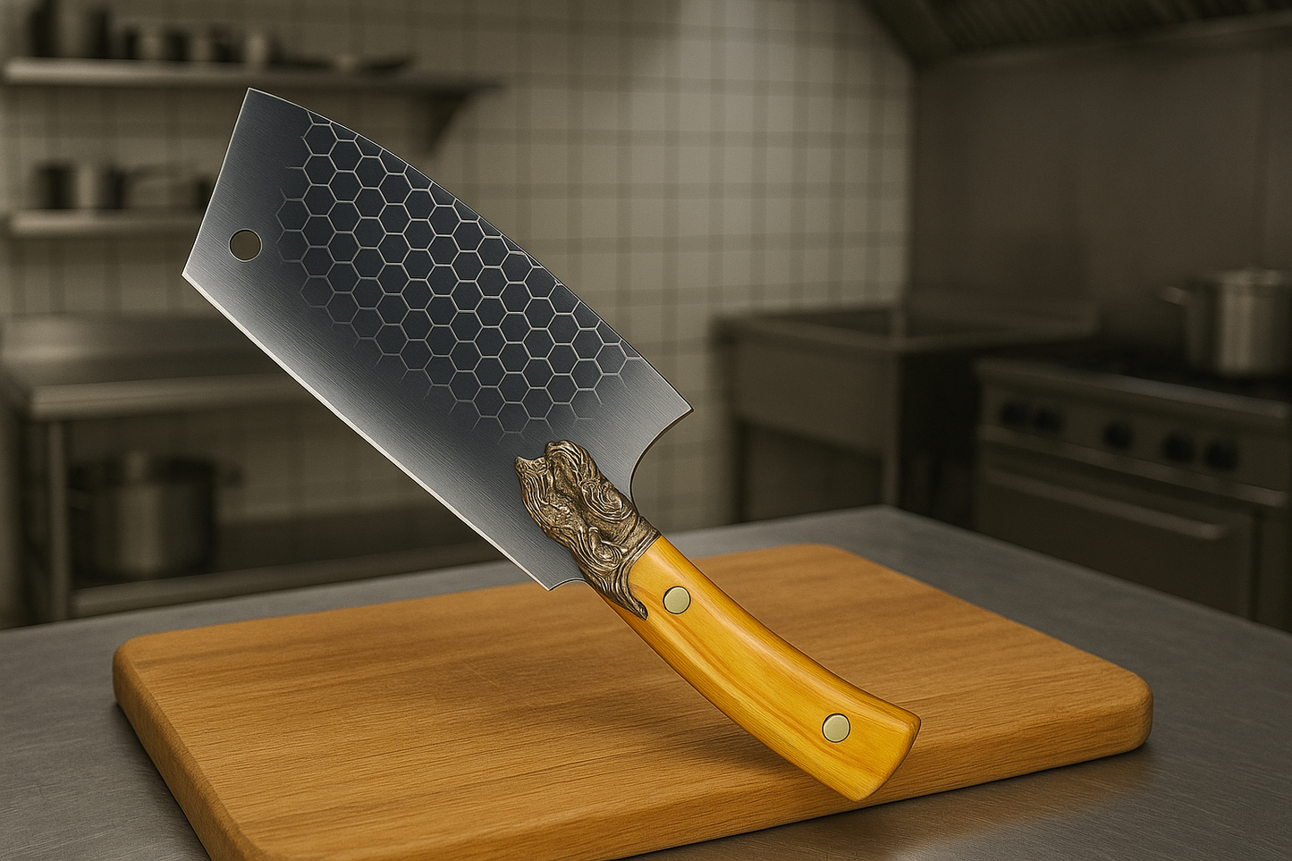 Honeycomb Pattern Cleaver Knife with Lion Handle – 12.2” Stainless Steel Blade & Wood Grip for Kitchen & BBQ