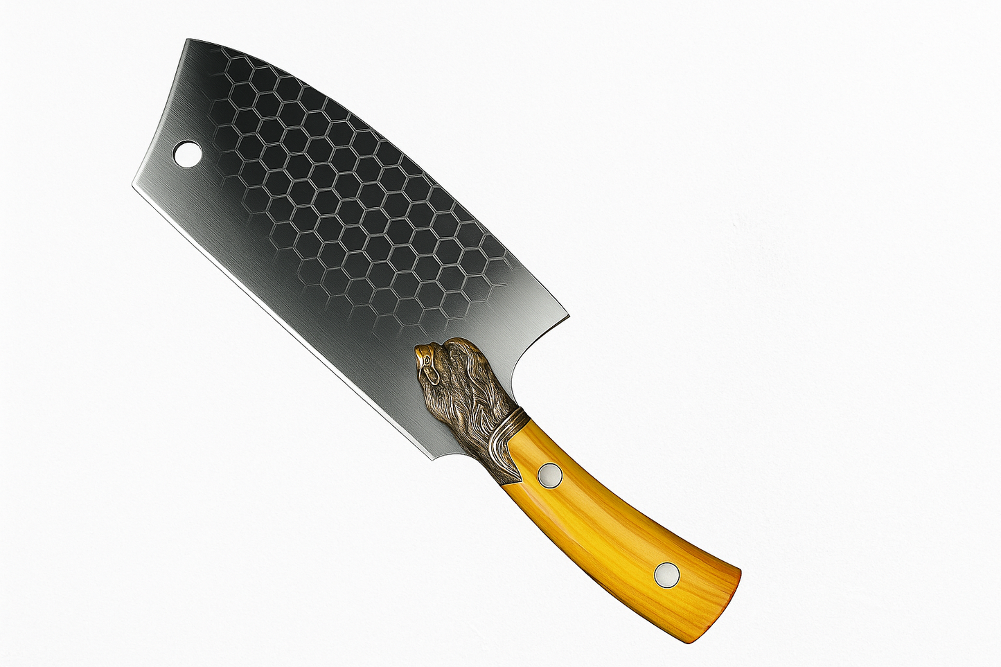 Honeycomb Pattern Cleaver Knife with Lion Handle – 12.2” Stainless Steel Blade & Wood Grip for Kitchen & BBQ