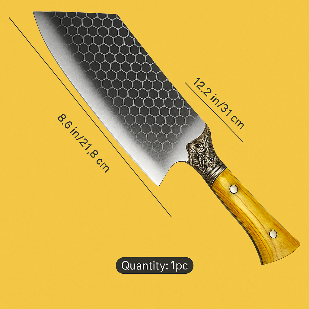 Honeycomb Pattern Cleaver Knife with Lion Handle – 12.2” Stainless Steel Blade & Wood Grip for Kitchen & BBQ