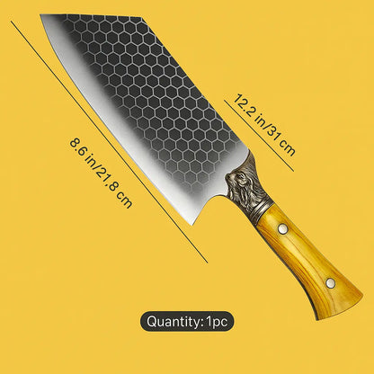Honeycomb Pattern Cleaver Knife with Lion Handle – 12.2” Stainless Steel Blade & Wood Grip for Kitchen & BBQ - Our3Designs