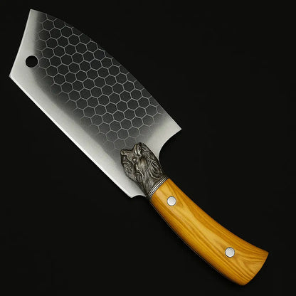 Honeycomb Pattern Cleaver Knife with Lion Handle – 12.2” Stainless Steel Blade & Wood Grip for Kitchen & BBQ - Our3Designs