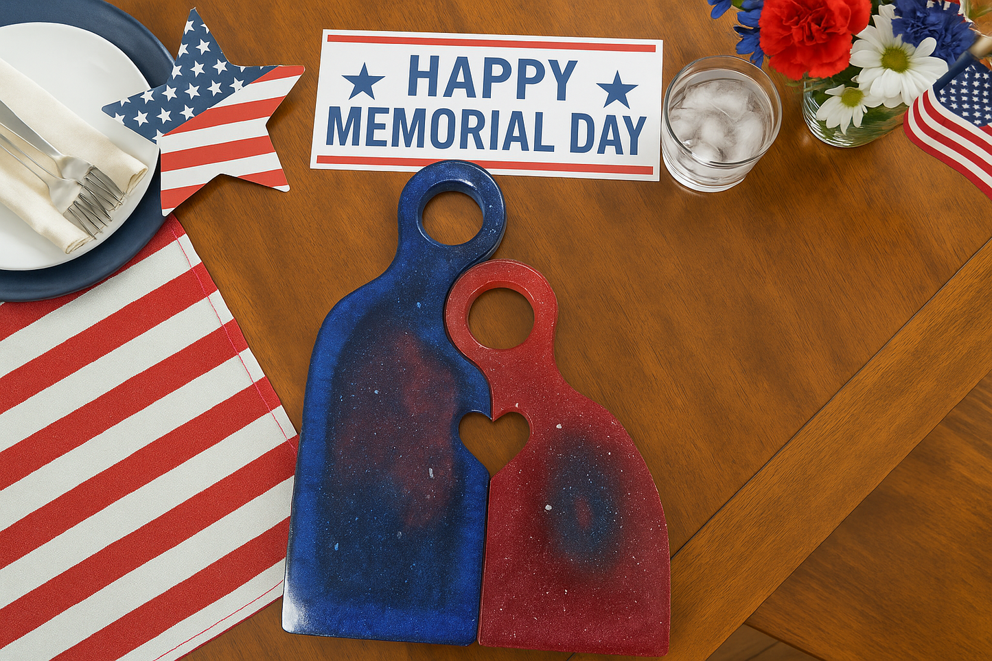 Patriotic Red & Blue Resin Charcuterie Board Set with Heart Cutout