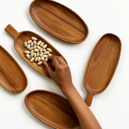 Leaf-Shaped Wooden Serving Tray – 13” Acacia Platter with Handle - Our3Designs