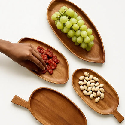 Leaf-Shaped Wooden Serving Tray – 13” Acacia Platter with Handle - Our3Designs