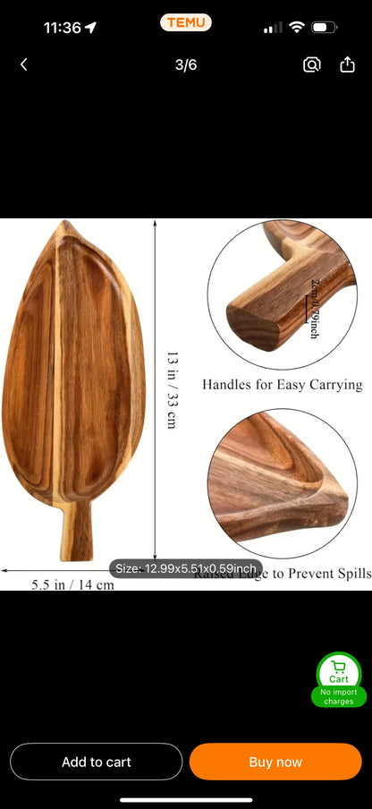 Leaf-Shaped Wooden Serving Tray – 13” Acacia Platter with Handle - Our3Designs