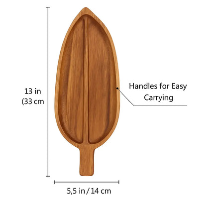Leaf-Shaped Wooden Serving Tray – 13” Acacia Platter with Handle - Our3Designs