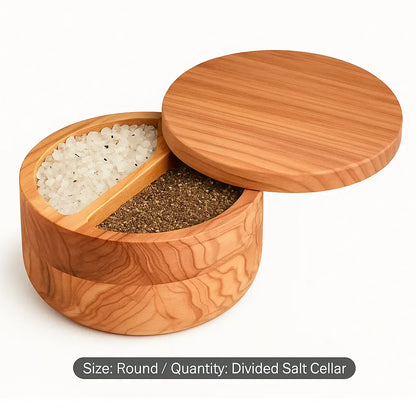 Olive Wood Salt Cannister with Magnetic Lid and 2 Compartments - Our3Designs