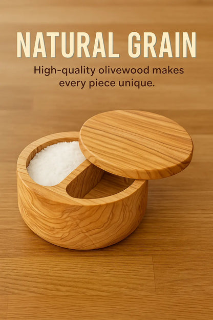 Olive Wood Salt Cannister with Magnetic Lid and 2 Compartments - Our3Designs