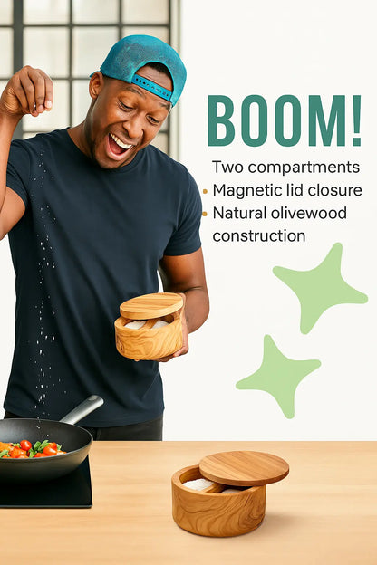 Olive Wood Salt Cannister with Magnetic Lid and 2 Compartments - Our3Designs