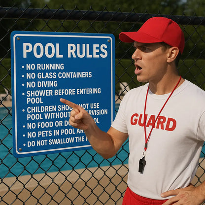 Pool Rules Sign – Blue & White HDPE Weatherproof Safety Sign - Our3Designs