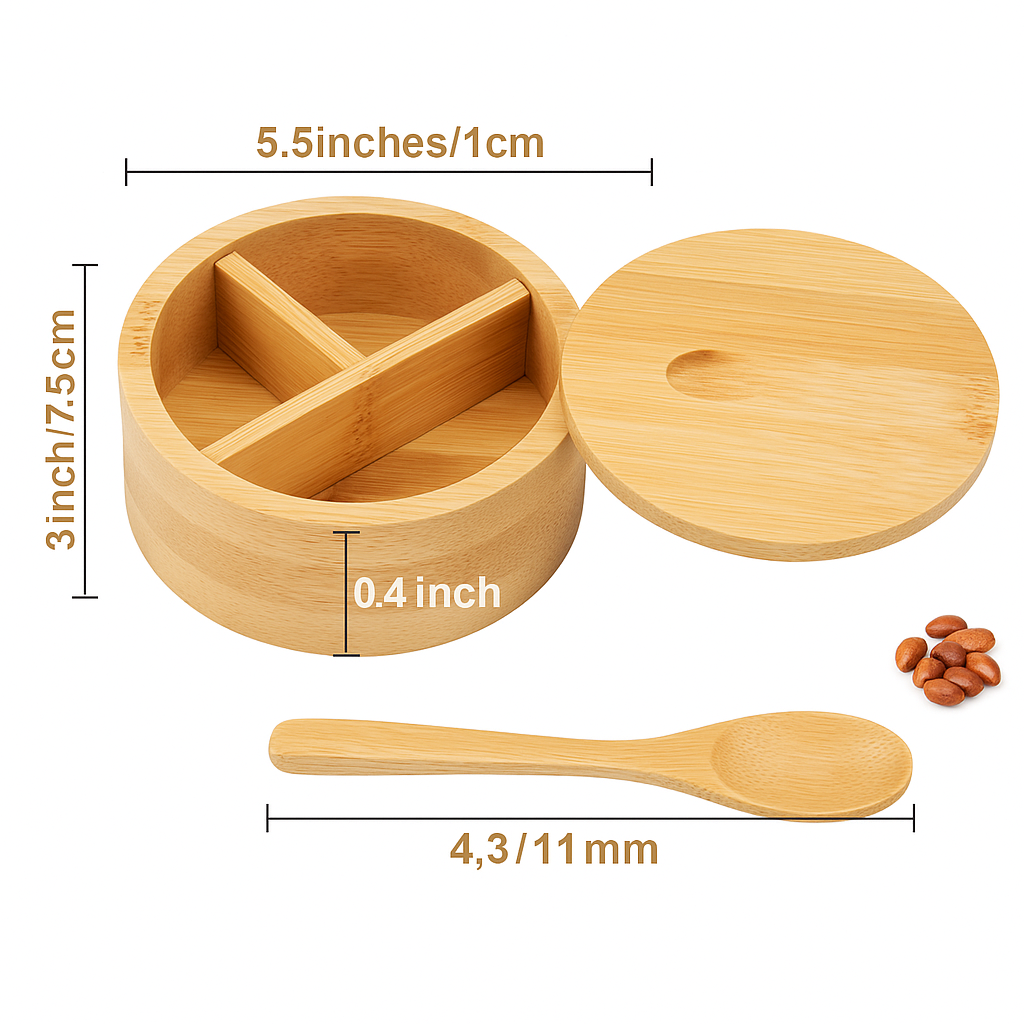 3-Compartment Bamboo Spice Box with Swivel Lid and Spoon