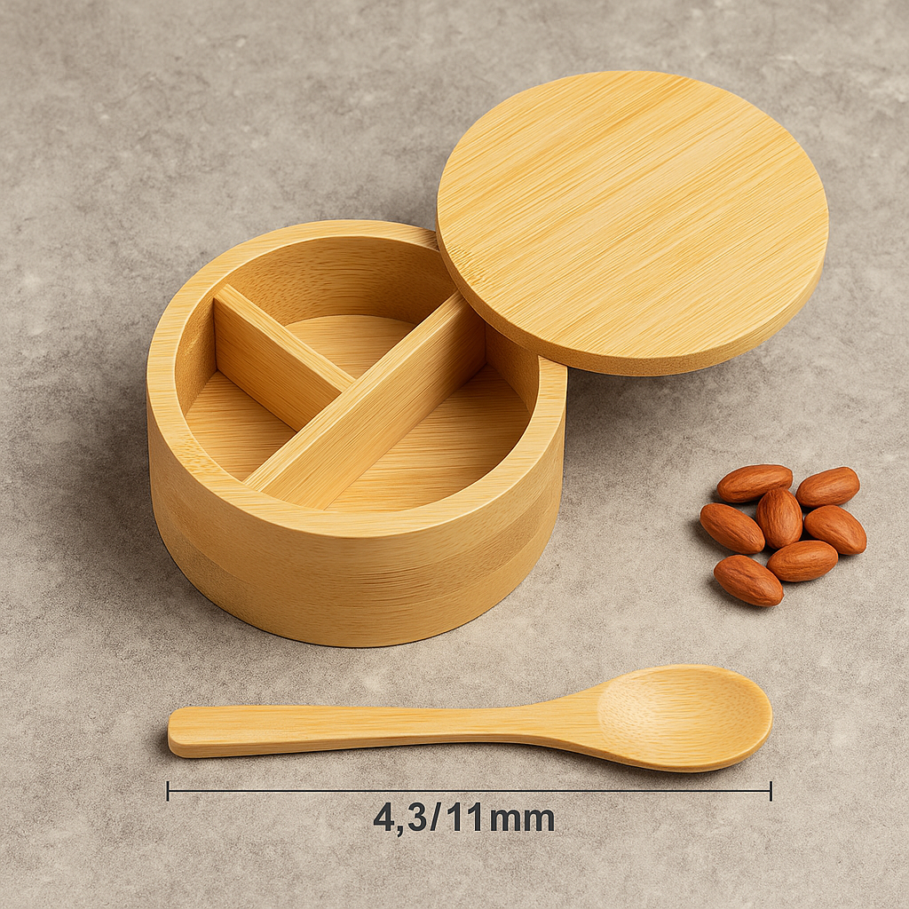 3-Compartment Bamboo Spice Box with Swivel Lid and Spoon