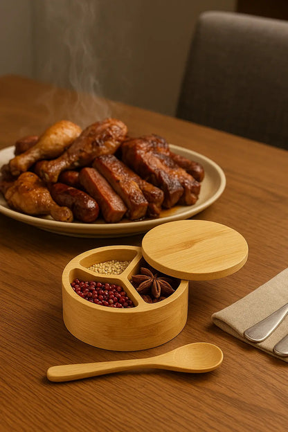 3-Compartment Bamboo Spice Box with Swivel Lid and Spoon - Our3Designs