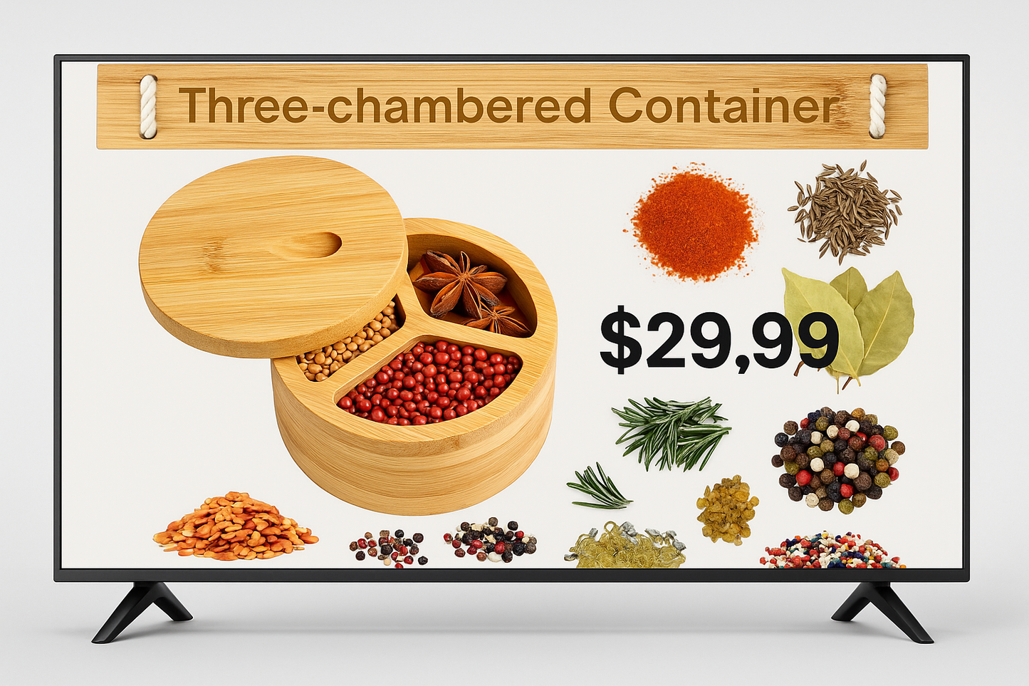 3-Compartment Bamboo Spice Box with Swivel Lid and Spoon