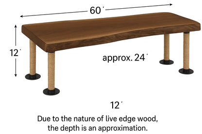 Live Edge Walnut Wood Benches with Rope-Wrapped Legs – Rustic Handmade Seating for Dining Room or Entryway - Our3Designs