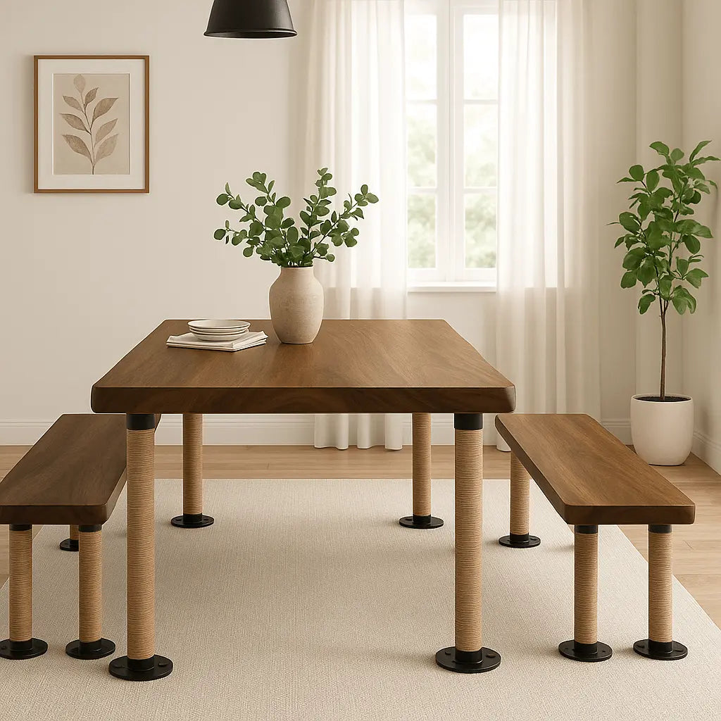 Live Edge Walnut Wood Benches with Rope-Wrapped Legs – Rustic Handmade Seating for Dining Room or Entryway - Our3Designs