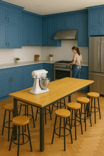 Handcrafted Bar Height Table – Custom Center Island with Solid Wood Top & Black Steel Legs - Our3Designs