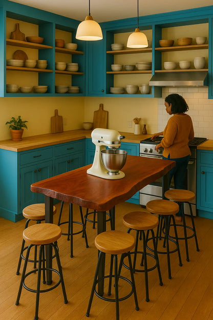 Handcrafted Bar Height Table – Custom Center Island with Solid Wood Top & Black Steel Legs - Our3Designs