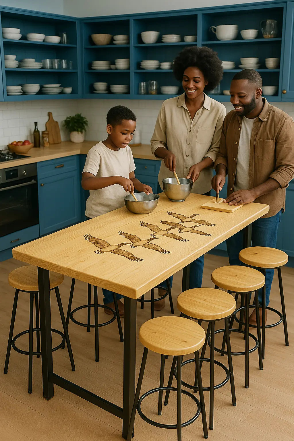 Handcrafted Bar Height Table – Custom Center Island with Solid Wood Top & Black Steel Legs - Our3Designs