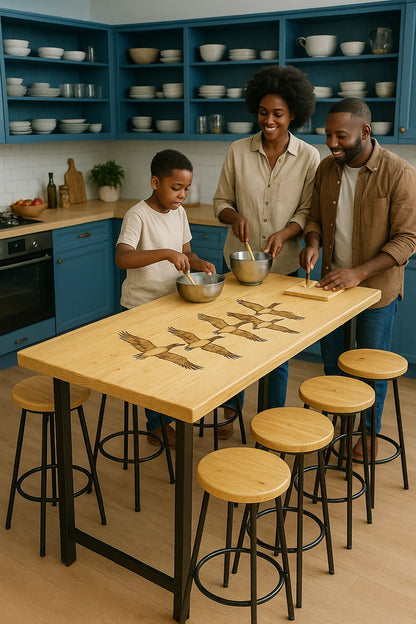 Handcrafted Bar Height Table – Custom Center Island with Solid Wood Top & Black Steel Legs - Our3Designs