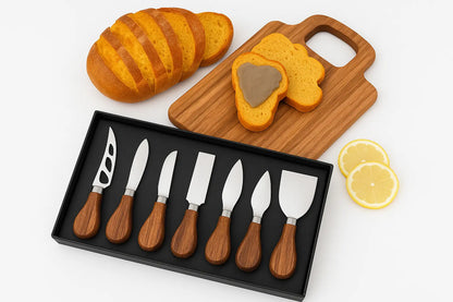 6-Piece Cheese Knife Set with Wooden Handles – Cheese Spreaders, Forks & Cutters for Charcuterie Boards, Wine Nights, and Entertaining - Our3Designs