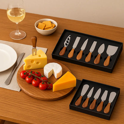 6-Piece Cheese Knife Set with Wooden Handles – Cheese Spreaders, Forks & Cutters for Charcuterie Boards, Wine Nights, and Entertaining - Our3Designs