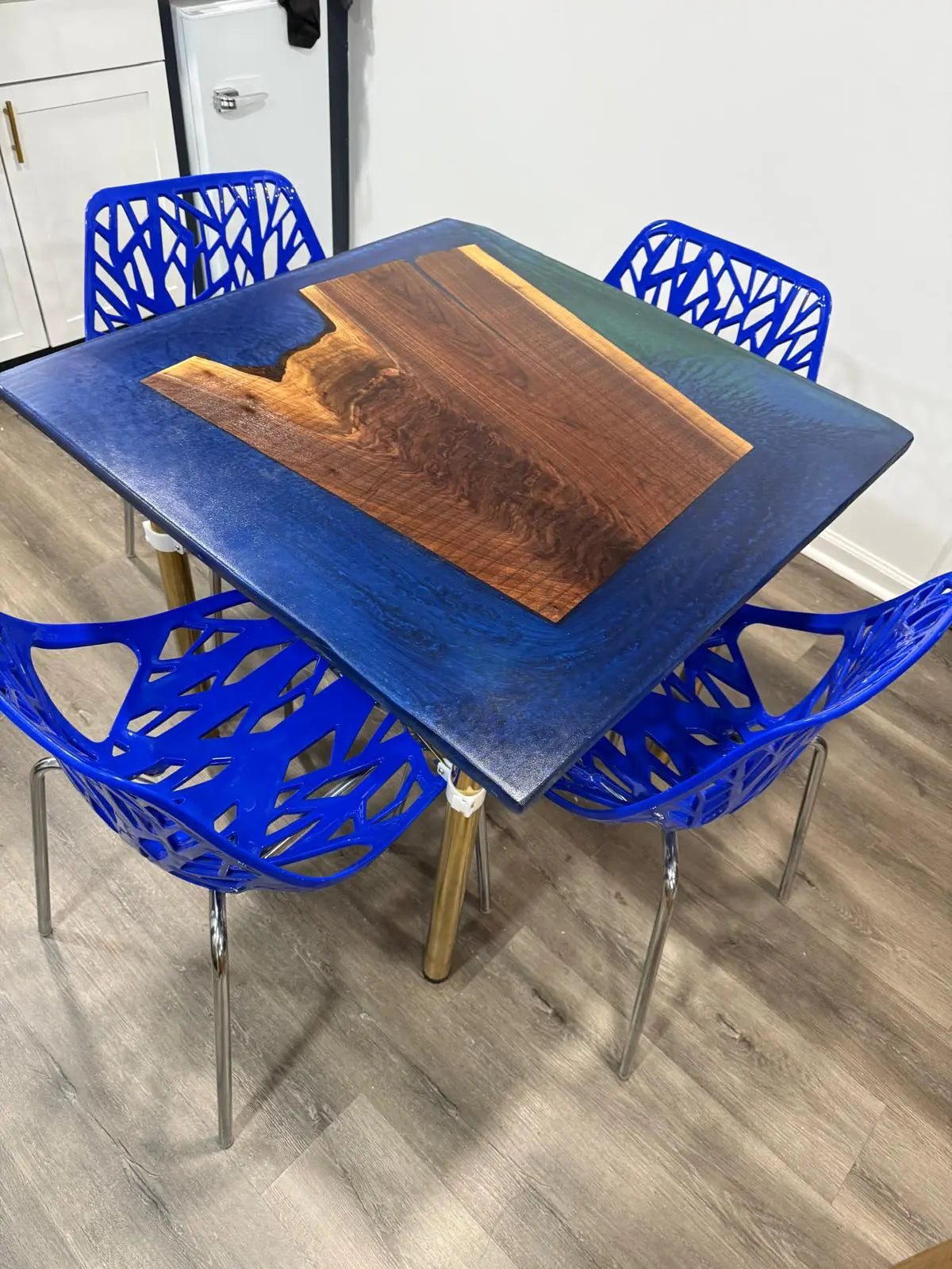 36” Square Walnut & Blue Epoxy Resin Table – Handmade Live Edge Dining or Game Table with Modern Design - Our3Designs