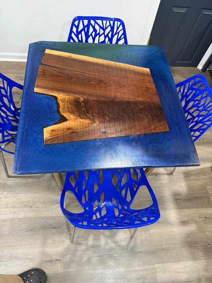 36” Square Walnut & Blue Epoxy Resin Table – Handmade Live Edge Dining or Game Table with Modern Design - Our3Designs