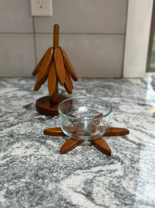 Handcrafted Wooden Trivet Tree – Hanging Leaf Trivet Holder & Heat Pads – Rustic Kitchen Decor - Our3Designs
