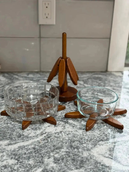 Handcrafted Wooden Trivet Tree – Hanging Leaf Trivet Holder & Heat Pads – Rustic Kitchen Decor - Our3Designs