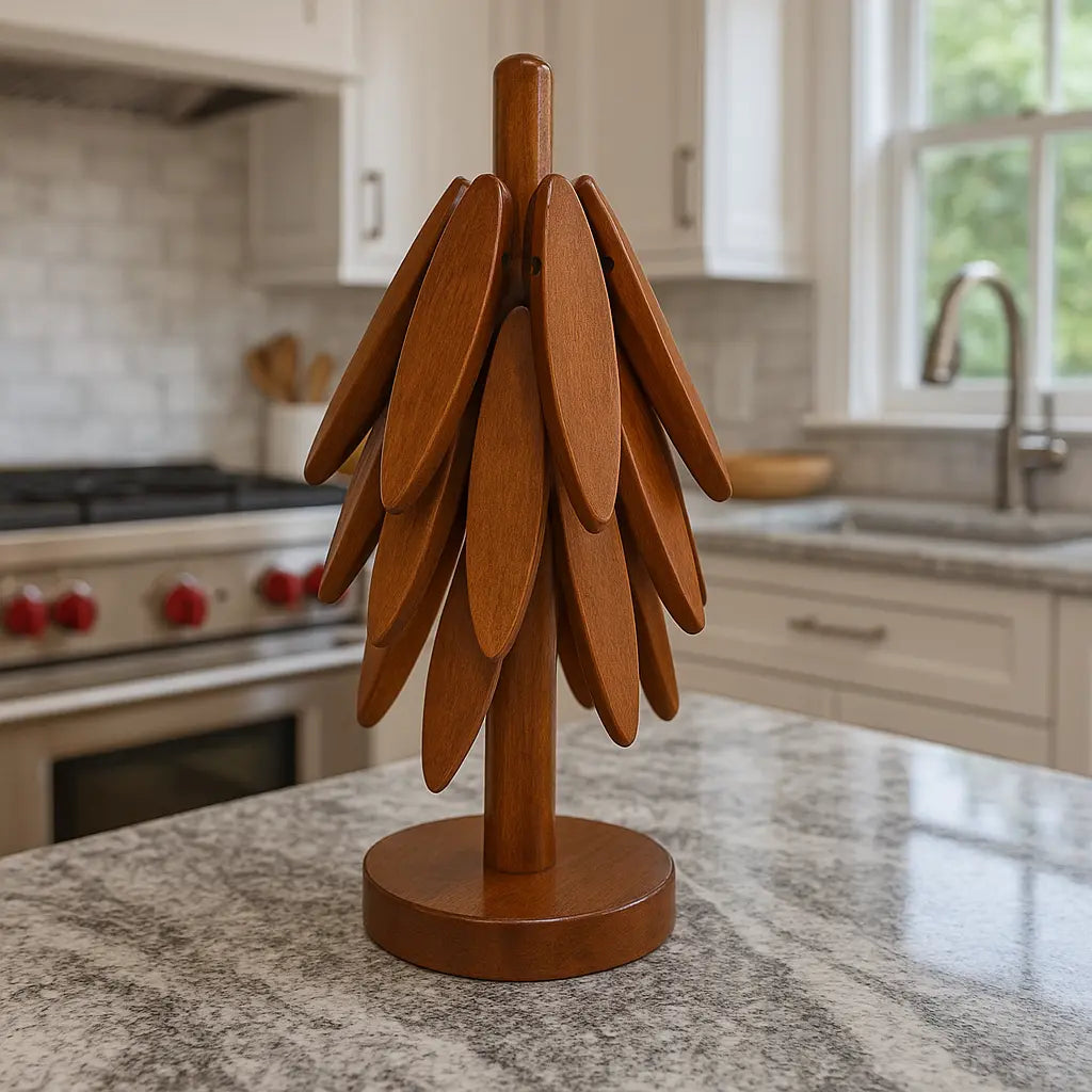 Handcrafted Wooden Trivet Tree – Hanging Leaf Trivet Holder & Heat Pads – Rustic Kitchen Decor - Our3Designs