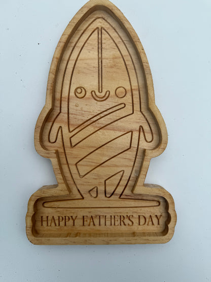 Happy Father’s Day Surfboard Tray – Teak Oil Finished Wood Gift for Dad - Our3Designs