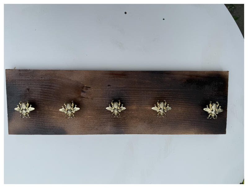Wall Hook Rack – Walnut finished Wood Organizer with Gold Bee Hooks for Towels, Keys, or Coats