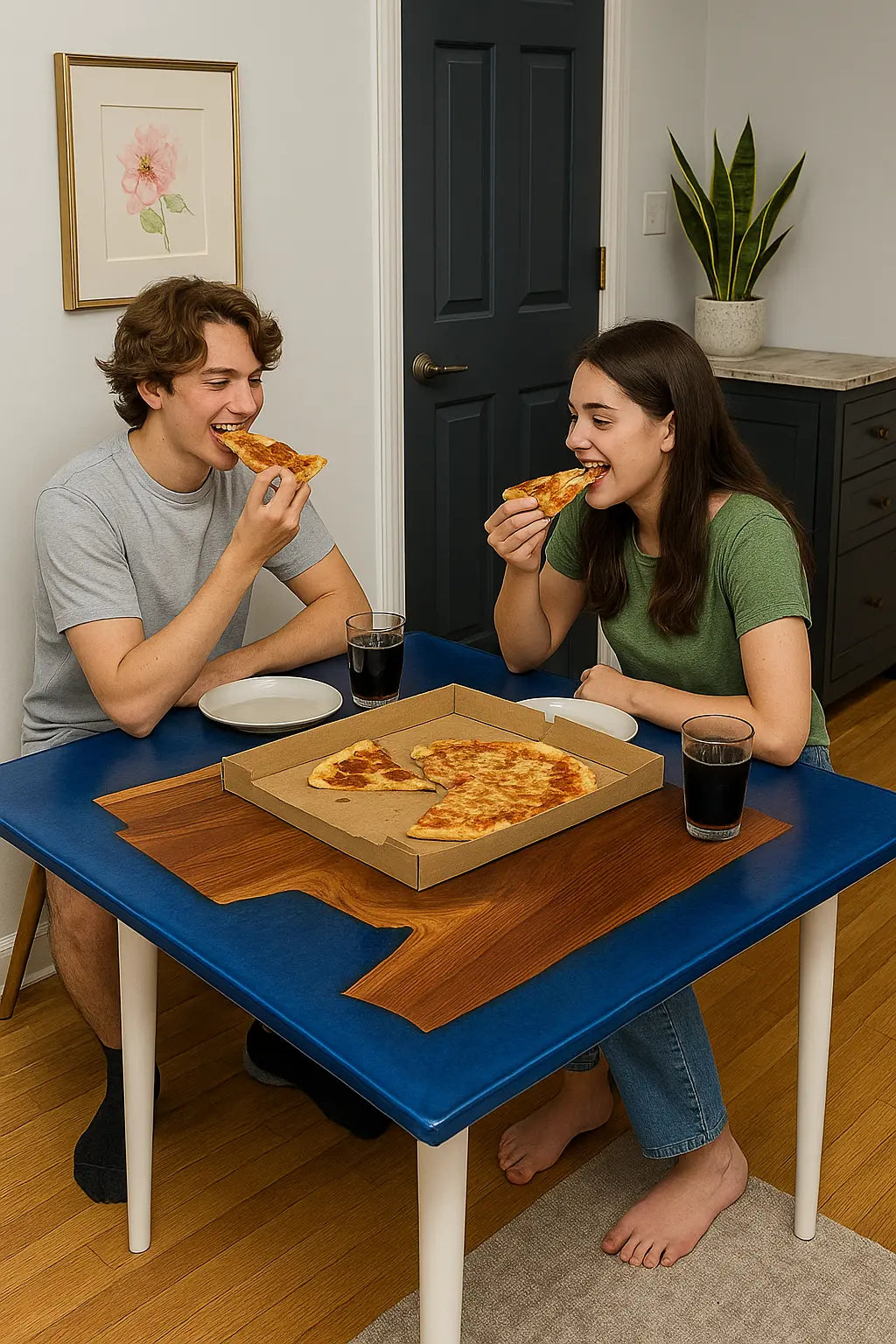 36” Square Walnut & Blue Epoxy Resin Table – Handmade Live Edge Dining or Game Table with Modern Design - Our3Designs