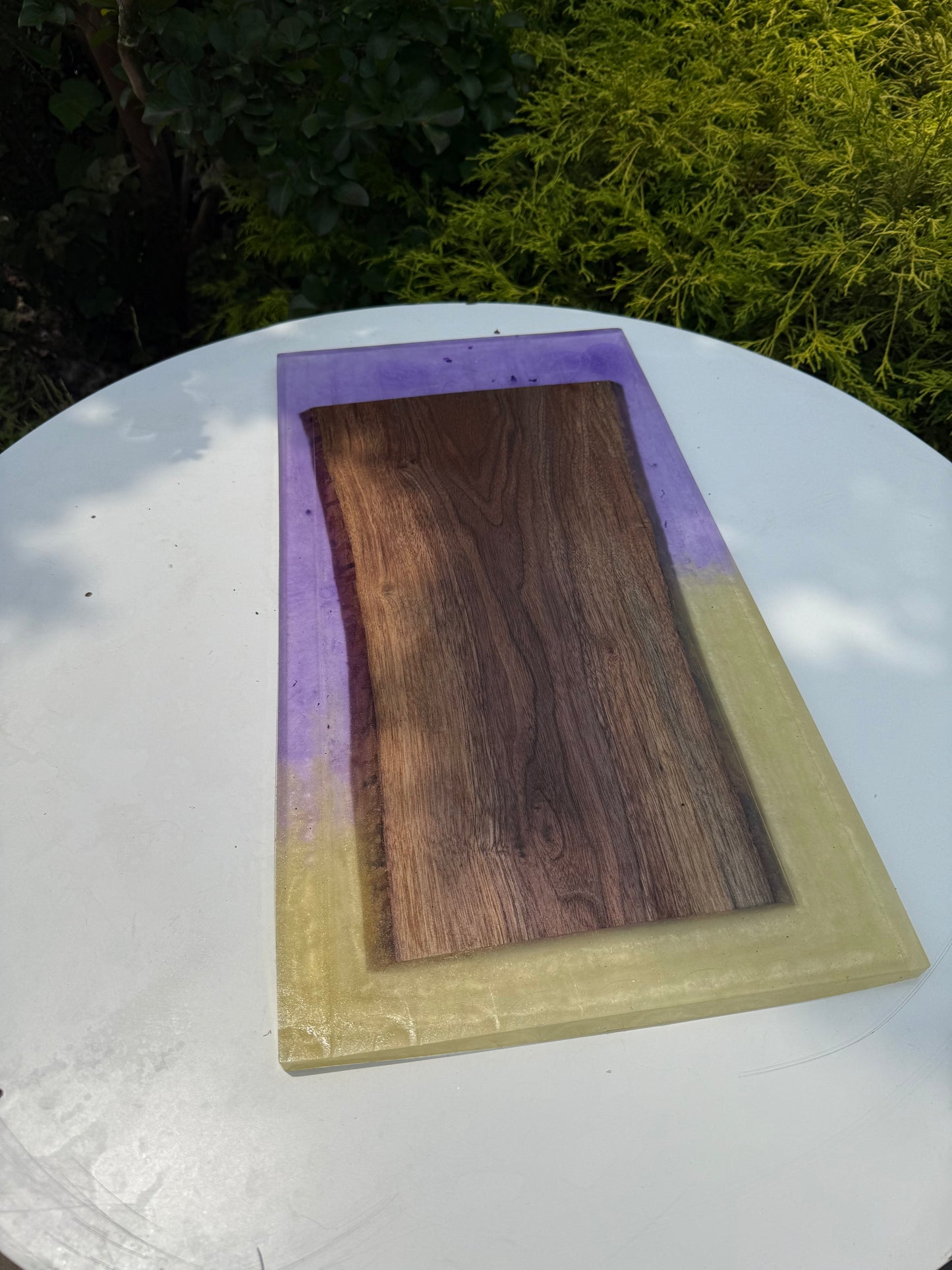 Walnut and Epoxy Charcuterie Board – Purple & Gold Resin Serving Tray - Our3Designs