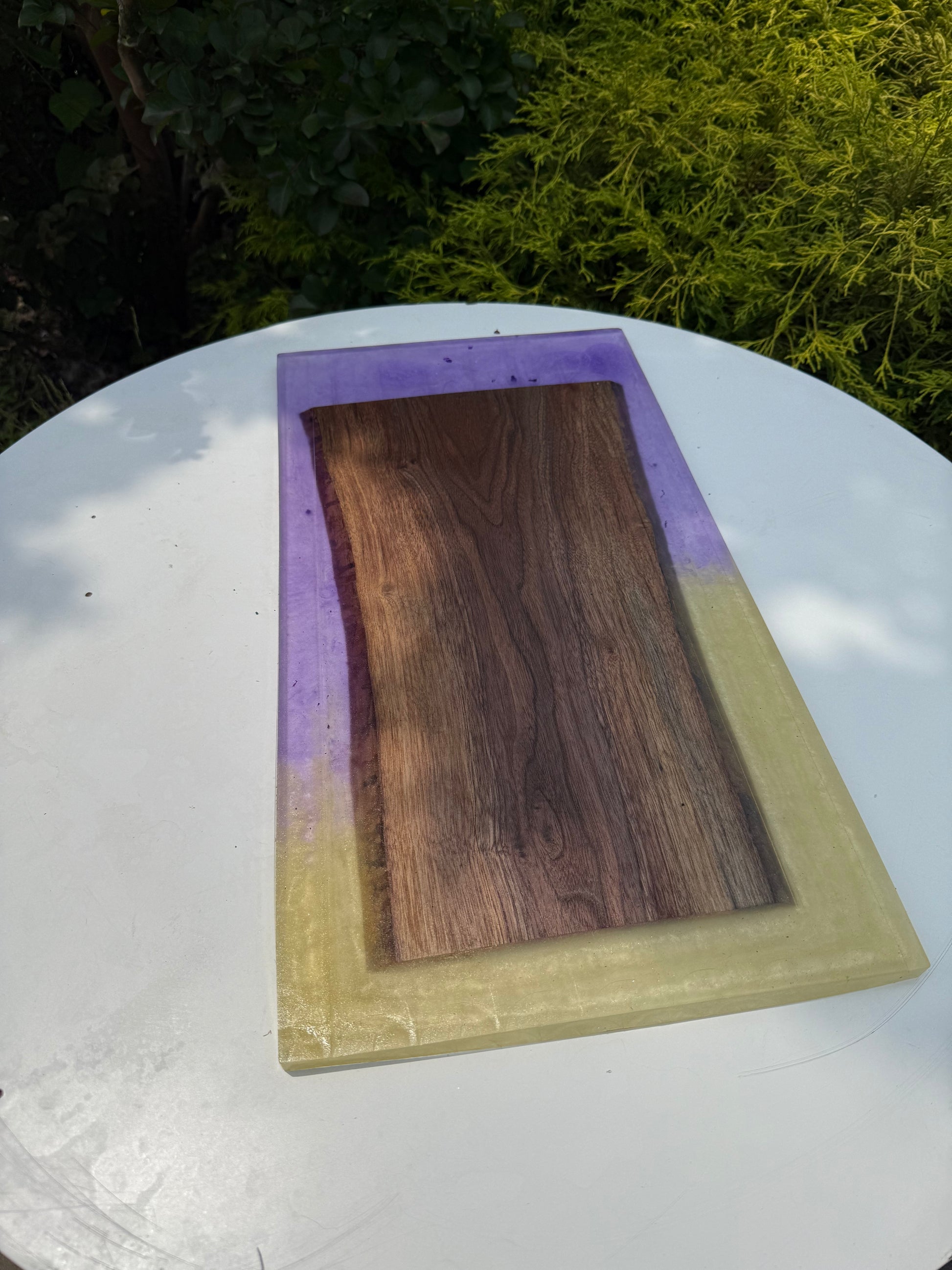 Walnut and Epoxy Charcuterie Board – Purple & Gold Resin Serving Tray - Our3Designs