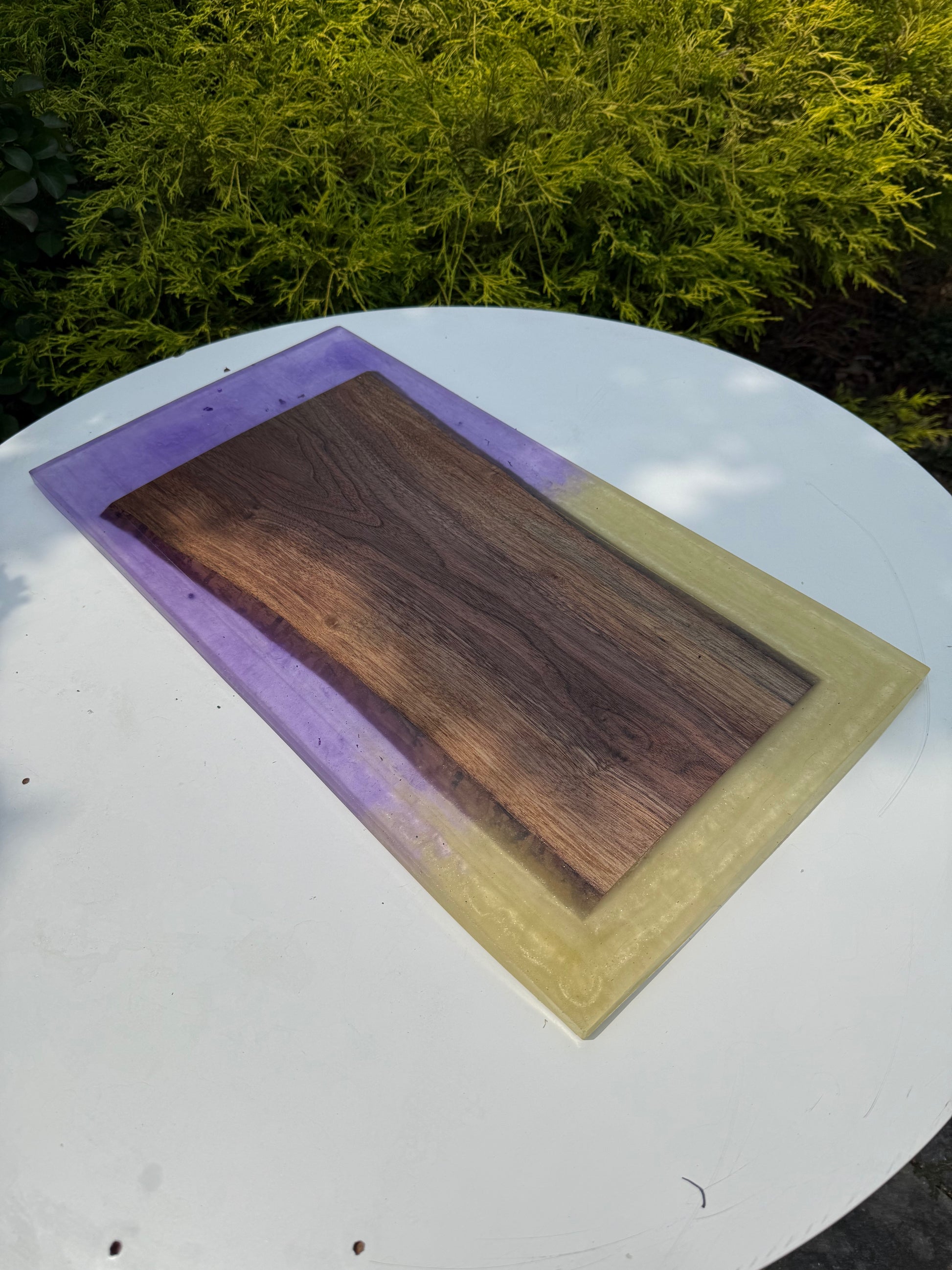 Walnut and Epoxy Charcuterie Board – Purple & Gold Resin Serving Tray - Our3Designs